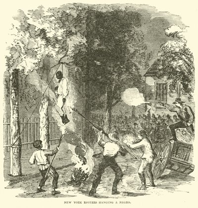 Alborotadores de Nueva York colgando a una persona negra, julio 1863 (grabado) de (after) American School