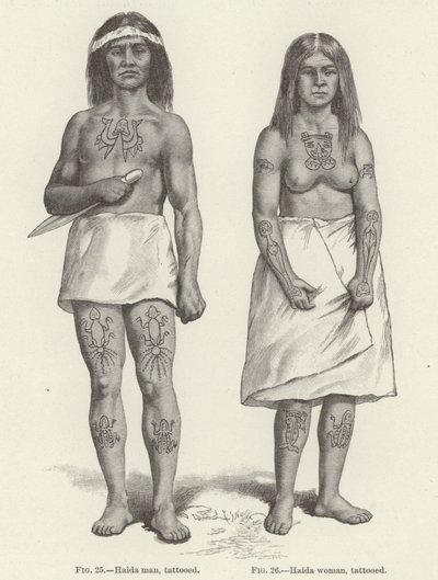 Mujer y hombre Haida tatuados (grabado) de (after) American School