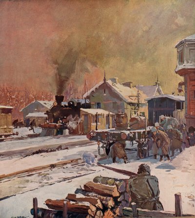 Batalla entre tropas rojas y blancas en una estación de tren, Guerra Civil Rusa de (after) Carrey