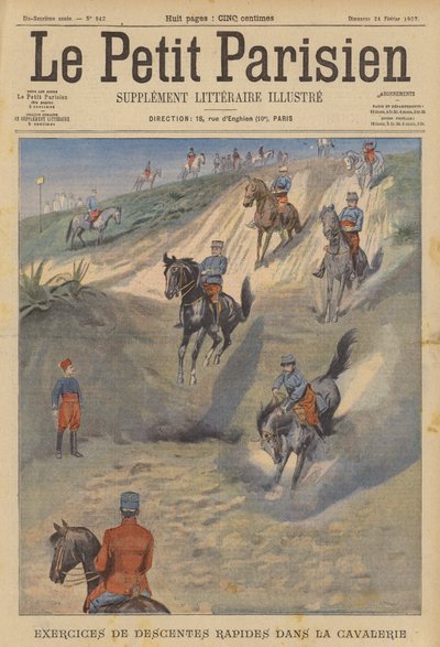 Caballería francesa practicando descensos rápidos y empinados a caballo (litografía a color) de (after) Carrey