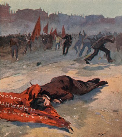 Asesinato de una activista del Partido Revolucionario Socialista llamada Gorbachevskaya por Guardias Rojos bolcheviques durante una manifestación, Petrogrado, Rusia de (after) Carrey