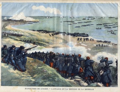 Maniobra del Oeste: el ataque y defensa de La Rochelle por el ejército francés. Grabado en "Le Petit Parisien" el 15/09/1901. de (after) Carrey