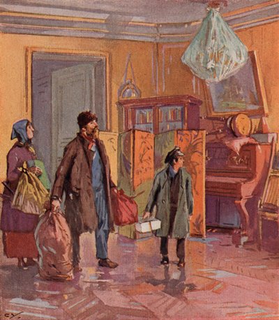 Familia rusa de clase trabajadora tomando posesión de un apartamento burgués después de la Revolución (litografía en color) de (after) Carrey