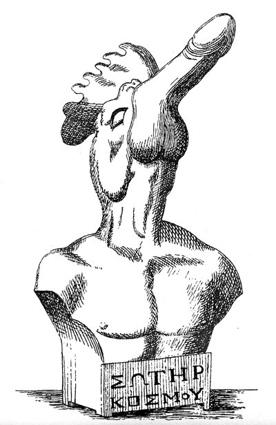 Escultura de bronce griega o helenística que representa un torso humano con un gallo y un falo por cabeza e inscripción griega 
