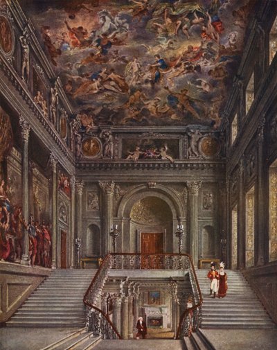 Palacio de Buckingham: La escalera pintada, Buckingham House (litografía en color) de (after) English School