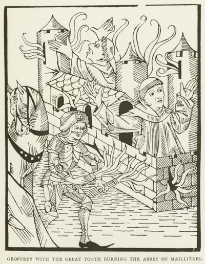 Geoffrey con el gran diente quemando la Abadía de Maillieres (grabado) de (after) English School