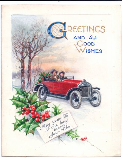 Obra de arte original para una tarjeta de Navidad de un coche rojo y acebo, circa 1951 de (after) English School