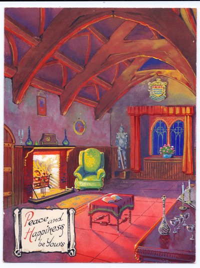 Obra de arte original para una tarjeta de Navidad de un fuego rugiente en un salón señorial, circa 1953 de (after) English School