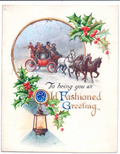 Obra de arte original para una tarjeta de Navidad de una diligencia, linterna y acebo, circa 1952 de (after) English School