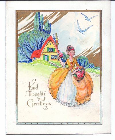 Obra de arte original para una tarjeta de felicitación de una dama con vestido de crinolina, una cabaña y dos pájaros azules, circa 1950 de (after) English School