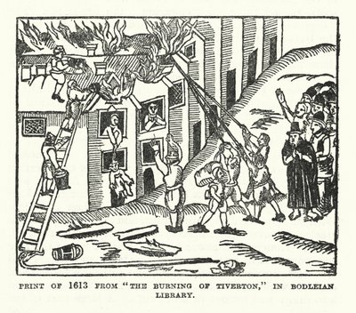 Grabado de 1613 de "La quema de Tiverton" en la Biblioteca Bodleian (litografía) de (after) English School