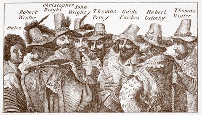 Los conspiradores de la pólvora, según un grabado de 1606 de (after) English School