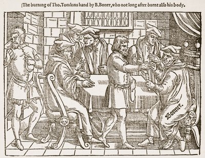 La quema de la mano de Tho. Tomkins por B. Boner, que poco después quemó también su cuerpo, ilustración de 