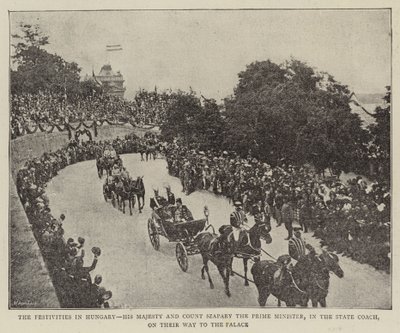 Las festividades en Hungría, Su Majestad y el Conde Szapary el Primer Ministro, en el coche de estado, en su camino al palacio (foto en blanco y negro) de (after) English photographer