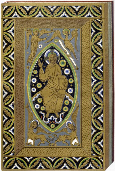 Cristo en Mandorla con los símbolos de los 4 evangelistas (Tetramorfo). Litografía que reproduce una encuadernación enamailada del siglo XIII. de (after) French School