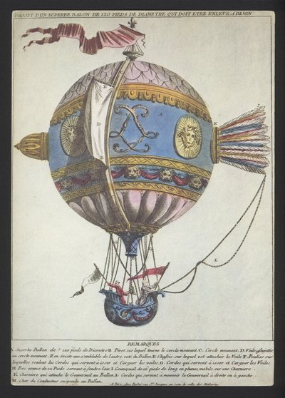 Diseño para un globo de un diámetro de 120 pies para hacer un ascenso desde Dijon (grabado coloreado) de (after) French School