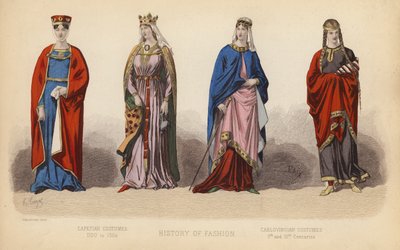 La moda en Francia: Trajes capetos de 1100 a 1364; Trajes carlovingios de los siglos IX y X (grabado en color) de (after) French School