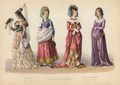 La moda en Francia: Carlos VI 1395 a 1422; Carlos VII y Luis XI 1422 a 1483 (grabado coloreado) de (after) French School