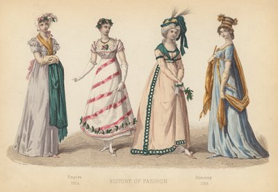 La moda en Francia: Imperio 1804; Directorio 1795 (grabado coloreado) de (after) French School