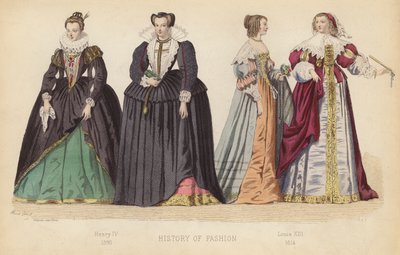 La moda en Francia: Enrique IV 1590; Luis XIII 1614 (grabado coloreado) de (after) French School