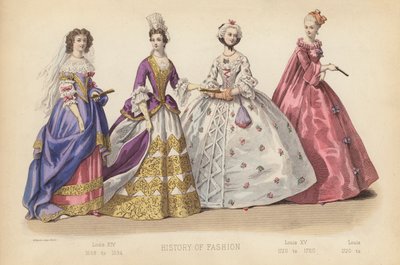 La moda en Francia: Luis XIV de 1668 a 1694; Luis XV de 1720 a 1760; Luis de 1720 a (grabado coloreado) de (after) French School