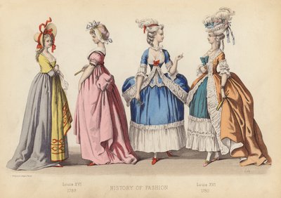 La moda en Francia: Luis XVI 1789; Luis XVI 1780 (grabado coloreado) de (after) French School