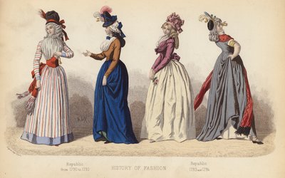La moda en Francia: República de 1790 a 1792; República 1793 y 1794 (grabado coloreado) de (after) French School