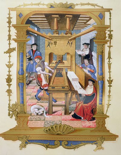 Interior de una imprenta del siglo XVI, copia de una miniatura de "Chants royaux sur la Conception couronnee du Puy de Rouen" (litografía en color) de (after) French School