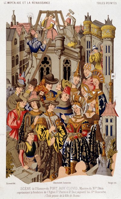 Escenario de la historia de Fort Roy de Clovis. Misterio del siglo XV que representa la fundación de la Iglesia de San Pedro y San Pablo, hoy Santa Genoveva. (Lienzo pintado de la ciudad de Reims. de (after) French School