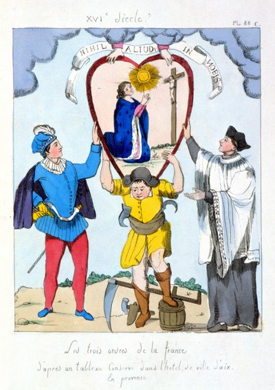 Los tres órdenes de Francia según una pintura conservada en el ayuntamiento de Aix en Provence. Caricatura sobre la desigualdad de los tres órdenes después de la revolución de 1789. de (after) French School