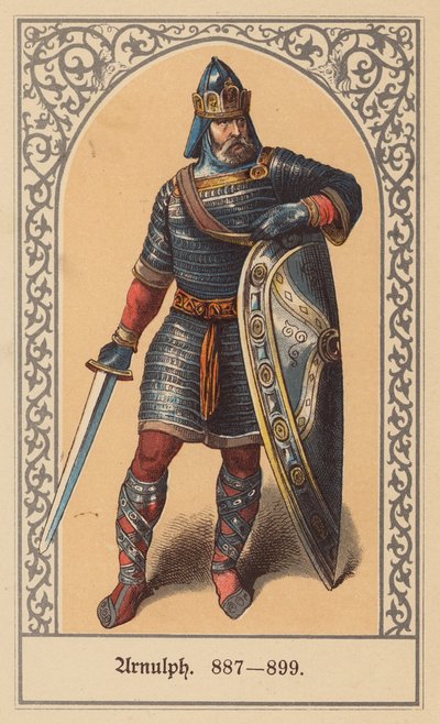 Arnulfo de Carintia, rey de Francia Oriental y emperador del Sacro Imperio Romano Germánico (litografía en color) de (after) German School