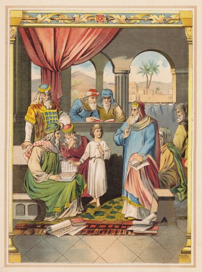Jesús con los ancianos en el Templo (litografía en color) de (after) German School