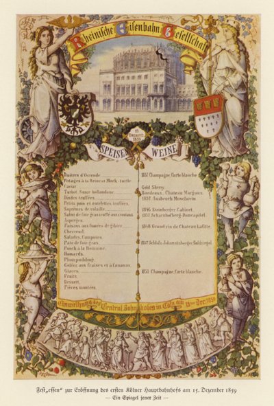 Menú de un banquete para celebrar la inauguración de la primera estación de ferrocarril de Colonia de (after) German School