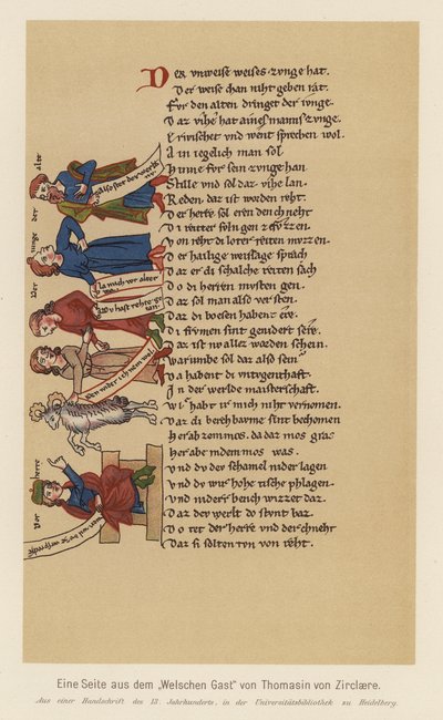 Página de Der Waelsche Gast, de Thomasin von Zirclaere (litografía en color) de (after) German School