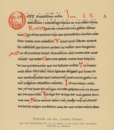 Página de los Carmina Burana (litografía en color) de (after) German School