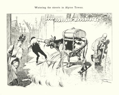 Regar las calles de las ciudades alpinas (grabado) de (after) German School