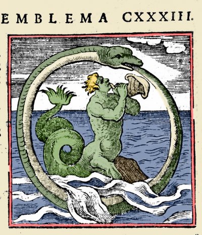Un tritón y un ouroboros, ilustración "Emblemata" (Emblematum libellus) por Andrea Alciati de (after) Italian School