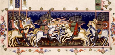 Escena de batalla (Cruzadas imaginadas) - en los "Estatutos de la Orden del Espíritu Santo de Nápoles" (Orden del Espíritu Santo) basados en una miniatura de 1352 de (after) Italian School