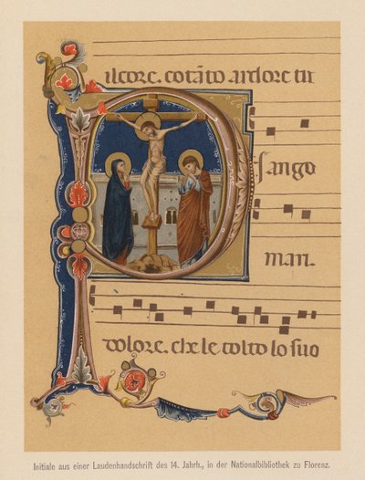 Crucifixión de Jesucristo, inicial de un manuscrito medieval iluminado (litografía en color) de (after) Italian School