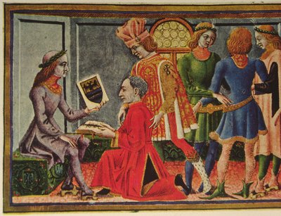 El emperador Federico III recibe el libro "Tabulae Astrologiae" del astrónomo Giovanni Bianchini (litografía en color) de (after) Italian School