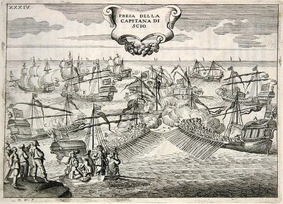 Galeones y galeazas en batalla: captura del Capitán de la Isla de Quíos, ilustración de 