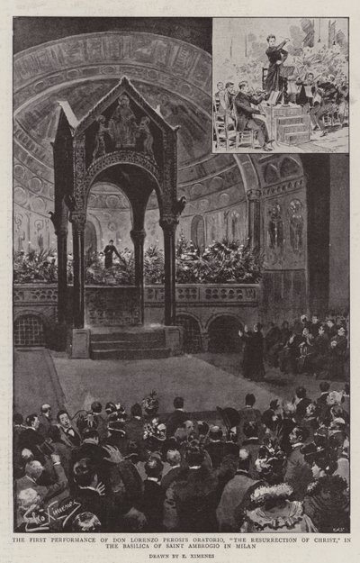 La Primera Representación del Oratorio de Don Lorenzo Perosi, "La Resurrección de Cristo," en la Basílica de San Ambrosio en Milán (litografía) de (after) Italian School