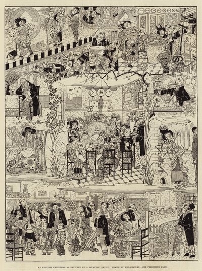 Una Navidad inglesa según lo representado por un artista japonés (grabado) de (after) Japanese School