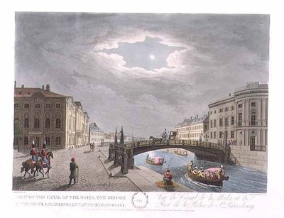 Vista del canal de Moika, el puente y el establecimiento policial en San Petersburgo, ilustración de julio de 