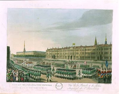 Vista del desfile y el Palacio Imperial en San Petersburgo, ilustración para abril de 