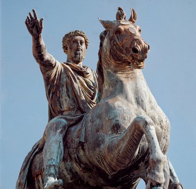 Estatua ecuestre del emperador romano Marco Aurelio (César Marco Aurelio Antonino Augusto) (121-180). Escultura de bronce. Copia del original conservado en el Museo Capitolino, Roma. Plaza del Capitolio (Campidoglio) Roma de (after) Roman