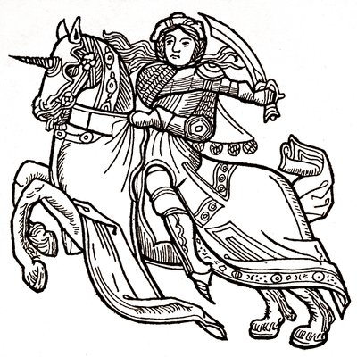 Juana de Arco a caballo blandiendo una espada (grabado) de (after) Spanish School