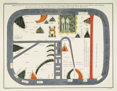 Mapa del mundo, procedente de un manuscrito de un Comentario al Apocalipsis, escrito hacia 787 y copiado hacia 1109 en el Monasterio de Silos, Burgos, España (litografía) de (after) Spanish School