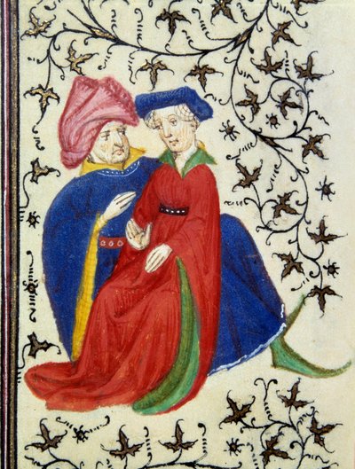 Una escena galante. (detalle) de una página del manuscrito “Las muy ricas horas del duque Francisco de Guisa” iluminado por el Maestro de Boucicaut. Siglo XV. Museo Condé, Chantilly de (and workshop) Boucicaut Master