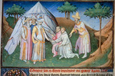 Los hermanos Nicolo y Matteo Polo, padre y tío del joven Marco Polo (1254-1324) fueron recibidos en la corte del Gran Qubilai (Kubilai Khan, primer emperador de la dinastía Yuan mongola (1215-1294), emperador mongol en 1271). Miniatura tomada de de (and workshop) Boucicaut Master